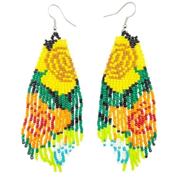 Flower Bohemian Seed Bead Tassel Dangling Statement French Wire Hook Earrings - Picture 1 of 6